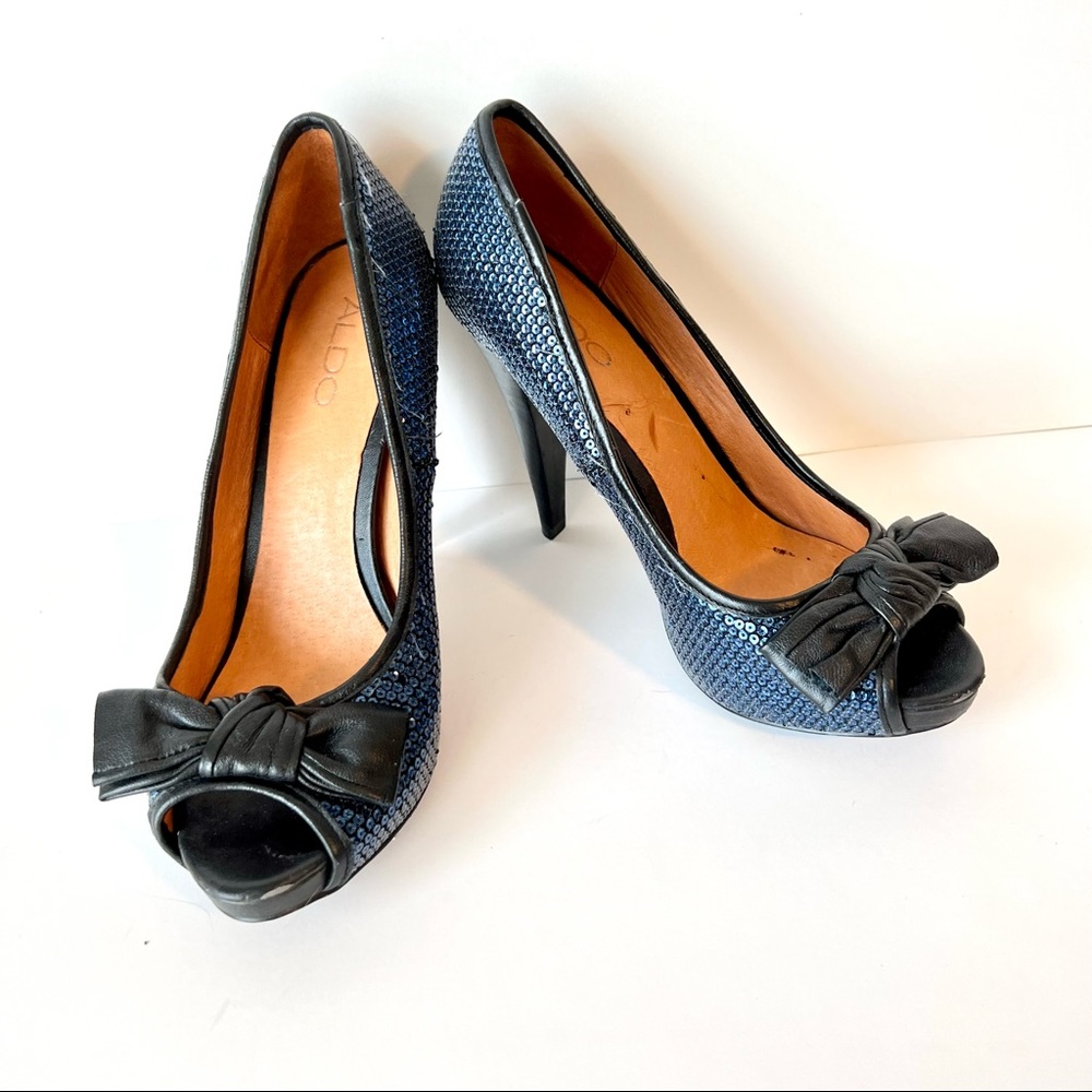 ALDO Blue Sequin Platform Peep Tow Bow Heels—SZ. 7.5 (38)